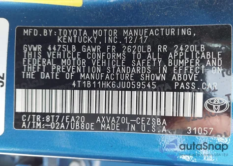 2018 Toyota Camry Se z USA, uszkodzony, nr VIN 4T1B11HK6JU059545